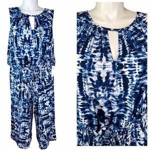 London Times Stretch Knit Halter Jumpsuit, Cropped Pants, Blue Tie-Dye, Size 10